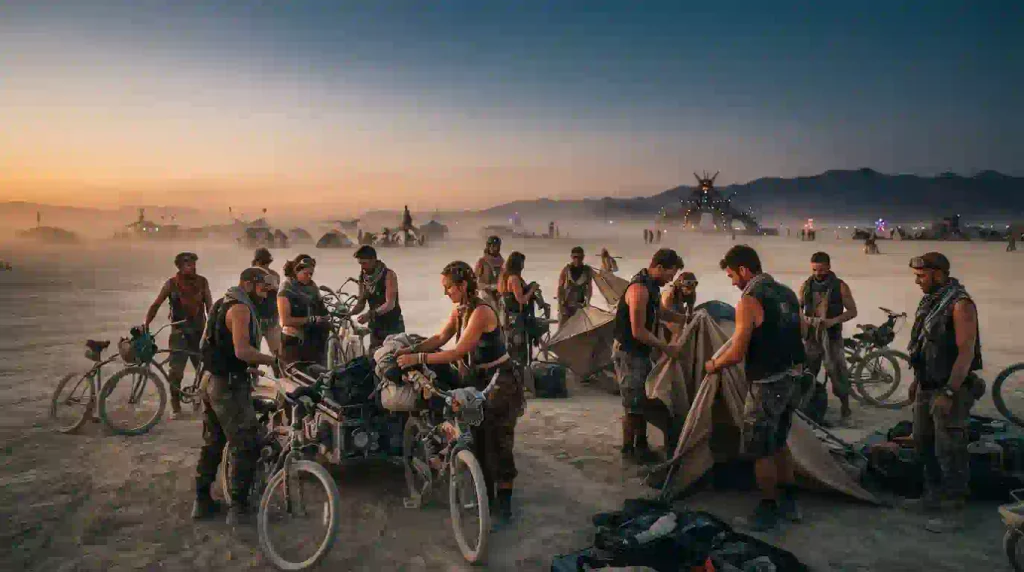 Burning Man Today: What Ends, What Continues & What Comes Next on September 29, 2026 7 Burner participants with bicycles at an autumn community gathering at dusk