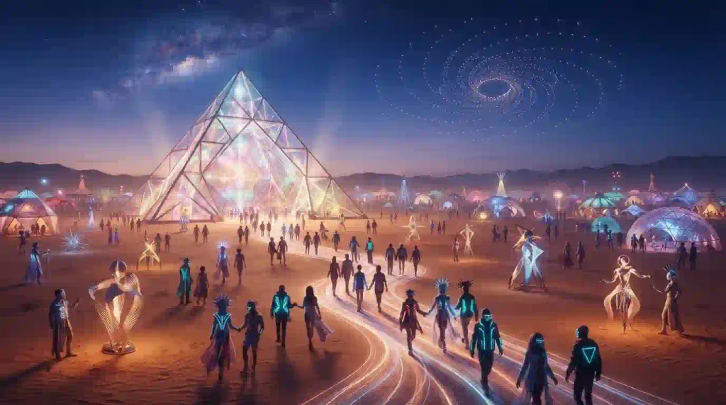 Virtual Burning Man-inspired desert world with avatars exploring digital art and a glowing temple at night.

