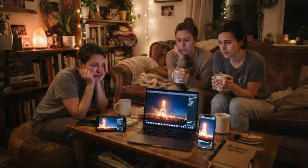 Burning Man 2026 Man Burn Is Tonight 7 Cozy indoor scene with laptops and phones streaming the Man Burn, warm ambient lighting, reflective mood, realistic lifestyle photo
