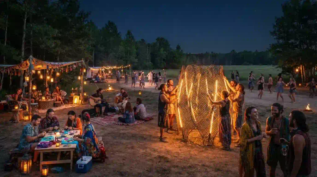 Participants at a Burning Man Regional Burn explore art, theme camps, music and workshops at night.