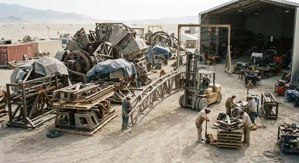 Large Burning Man sculpture being dismantled and prepared for transport after the event