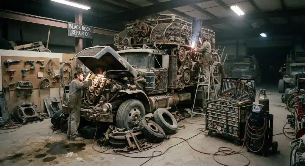 Mutant vehicle parked in a workshop after Burning Man, ready for repair or storage