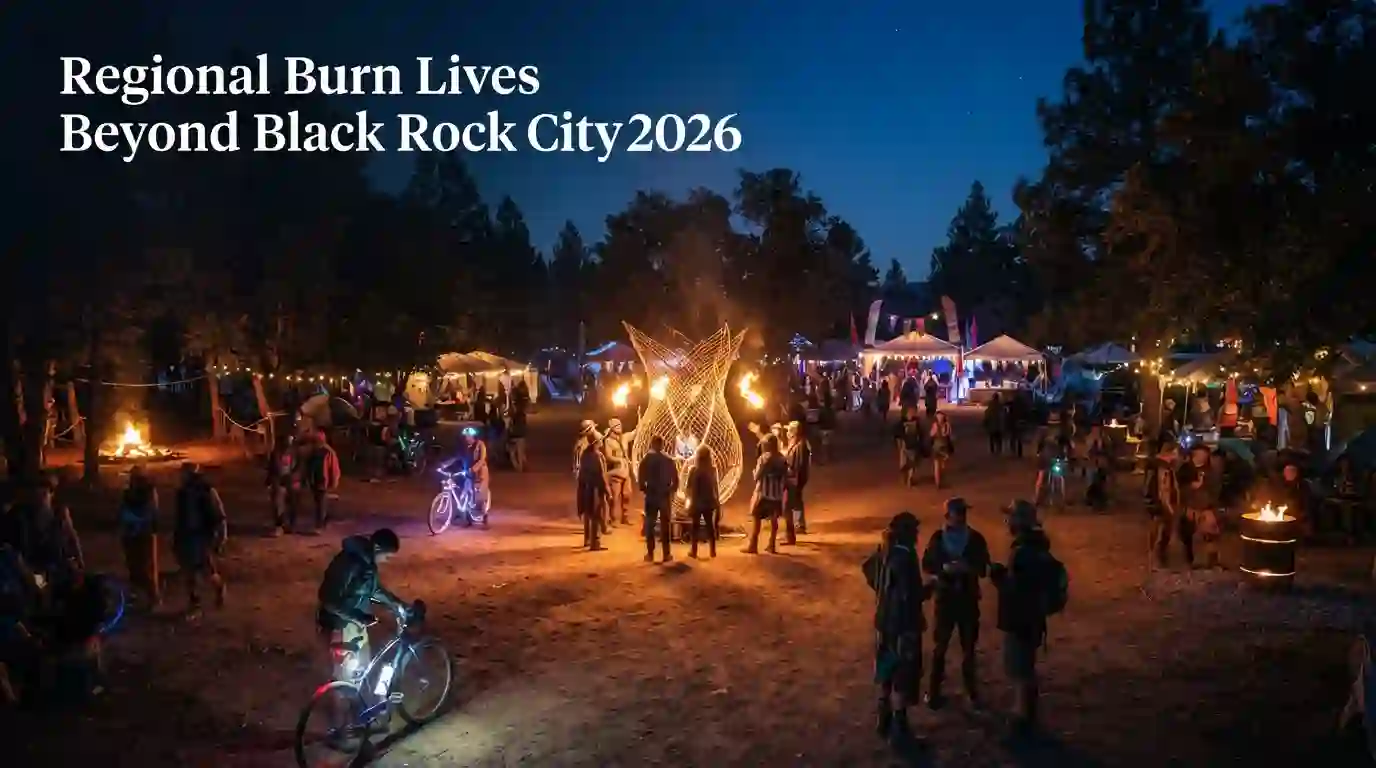 Burning Man Regional Burn participants gather around glowing art, theme camps and a fire circle in a forest setting.