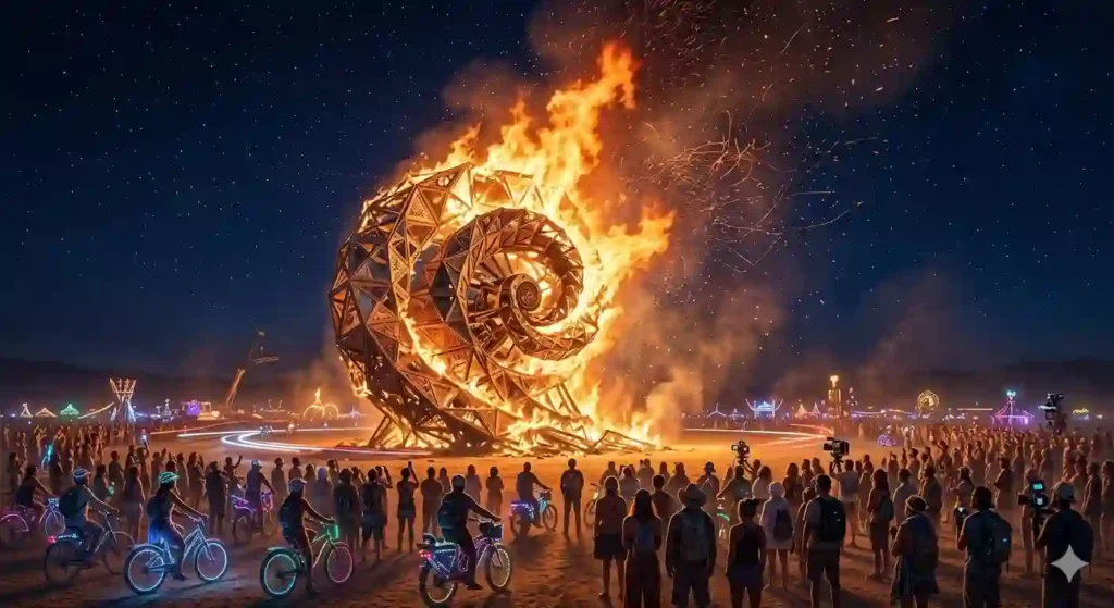 The image depicts a gathering around a fire sculpture at temple burn night