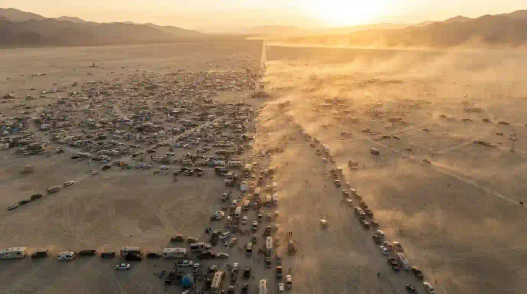 Aerial view of Black Rock City Burning Man 2026 with vehicles forming Exodus traffic lines on desert playa at sunset