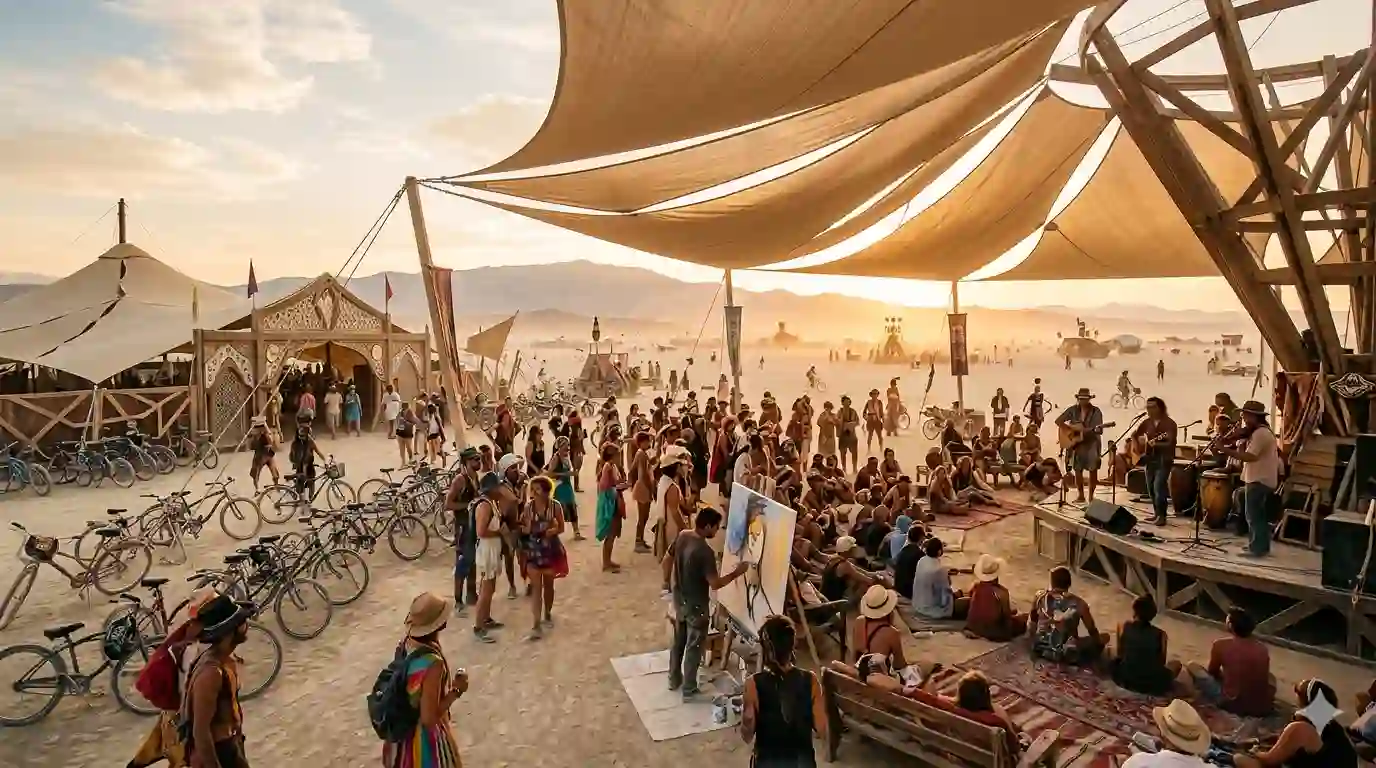 Illustrated Burning Man daytime central camp activities scene featuring art installations, gathering spaces and different activities 