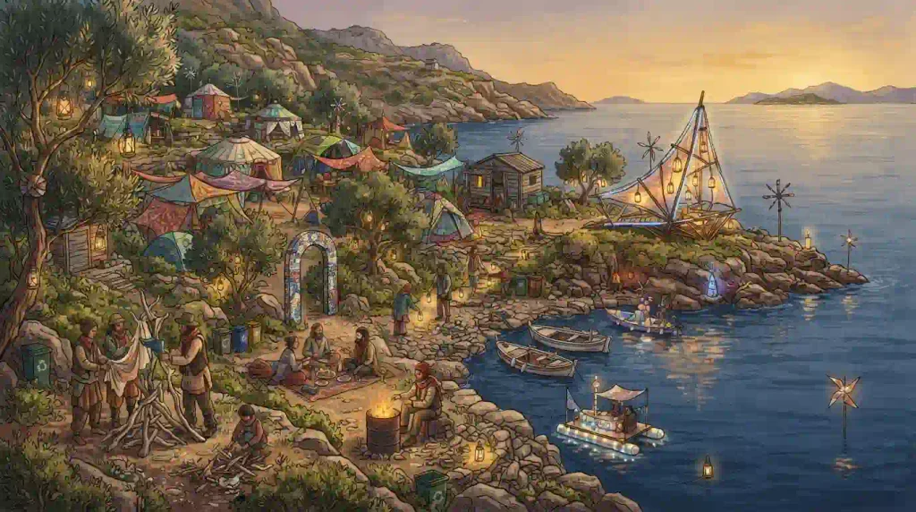 Illustrative Greek water-based Regional Burn scene with boats, coastal surroundings, art, and participant-created community activities