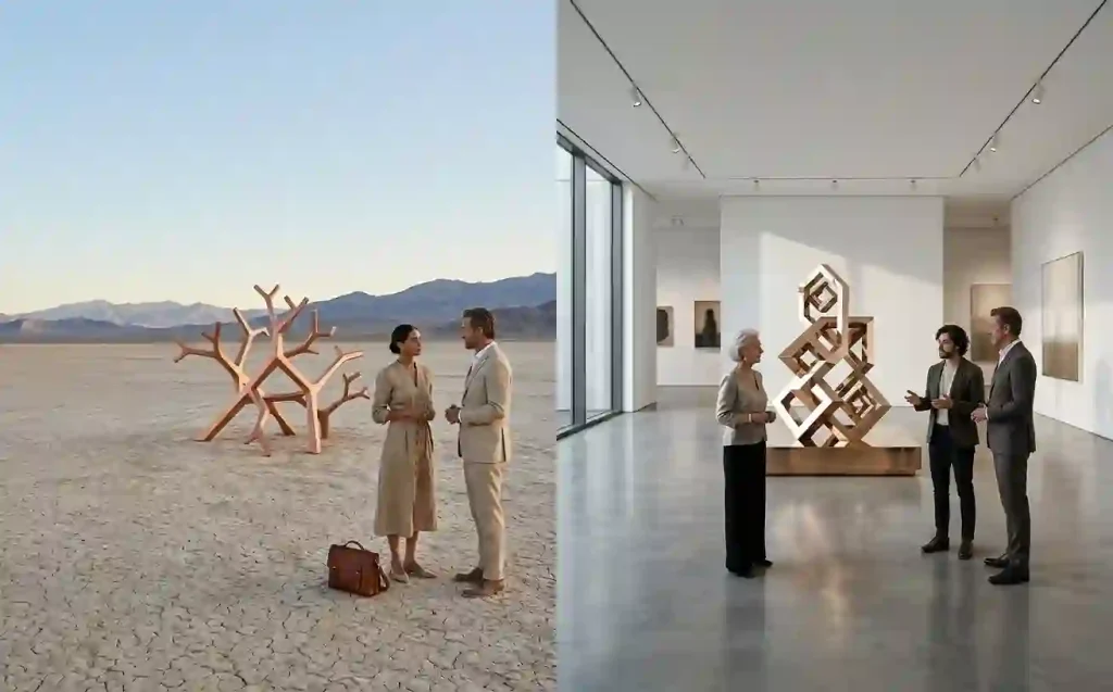 Conceptual split illustration contrasting an outdoor desert art project with an indoor museum exhibition.