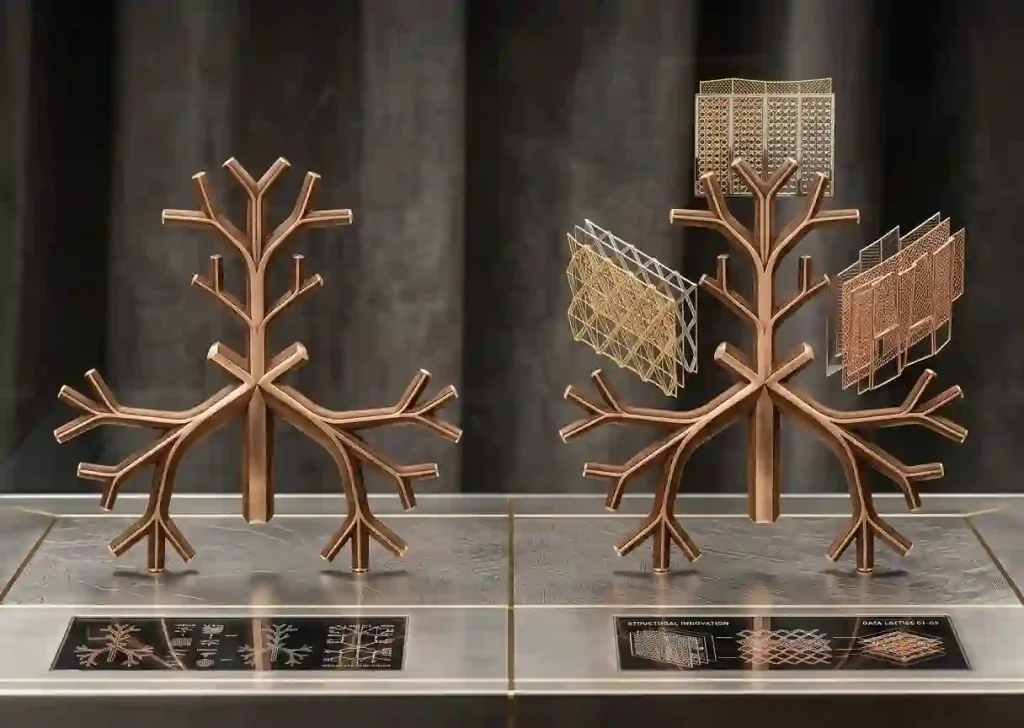 Conceptual branching framework beside the same framework with translucent surface-pattern studies.