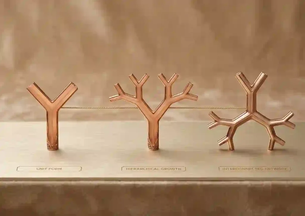 Three-stage diagram showing a Y-shaped form repeating into a branching, threefold pattern.