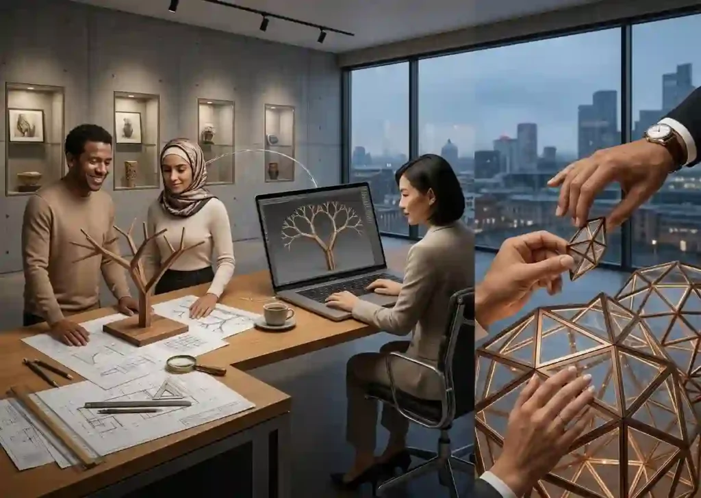 Illustration of collaborative model-making, remote laptop work and community contributions to an art project.