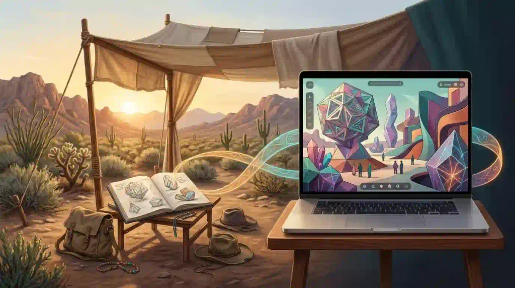 Conceptual illustration connecting a desert arts gathering with a virtual world of sculptures and avatars on a laptop.