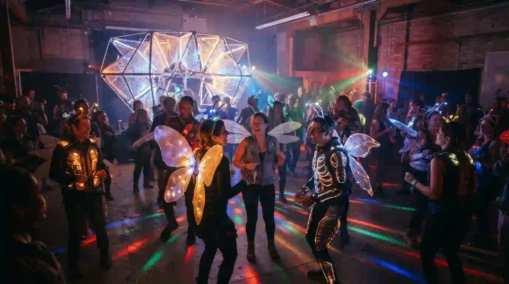 Bug-inspired costumes, colorful lights and interactive art at a Calgary Burning Man Decompression.