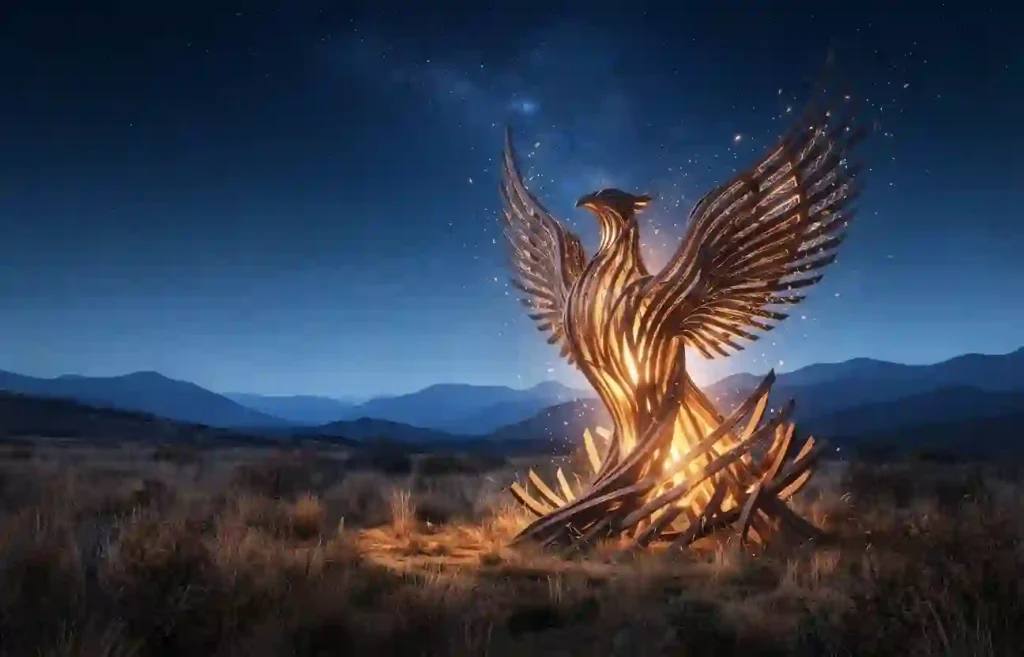 Conceptual illustration of an abstract timber phoenix glowing in a mountain meadow at dusk.