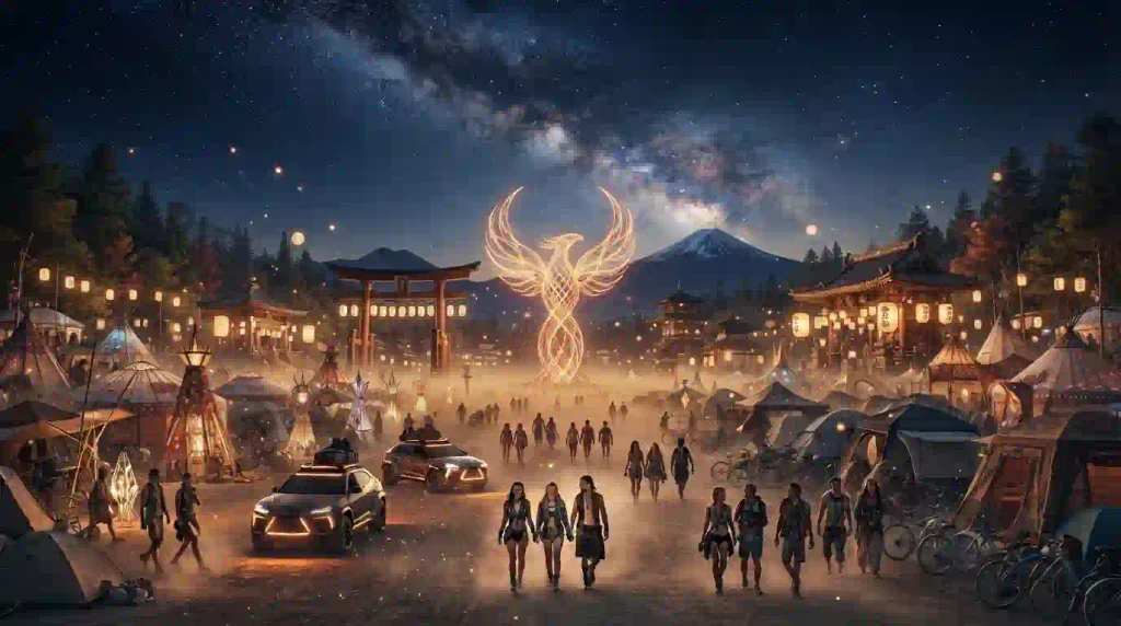 Burning Japan 2026 arrival scene with Burner campers and Phoenix-inspired artwork on October 8