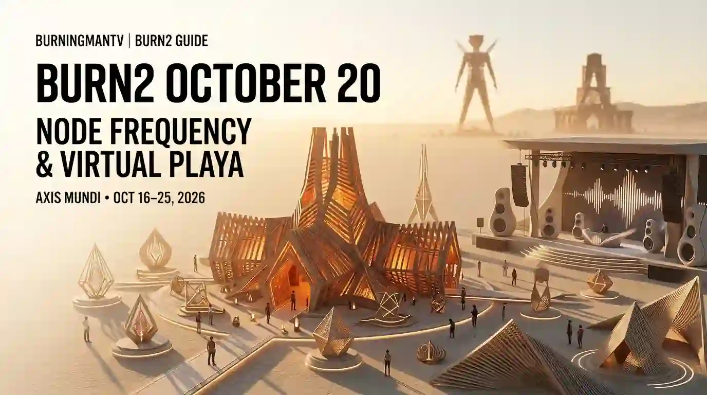 Virtual desert art installations and an electronic music stage illustrating BURN2 Octoburn's Axis Mundi Programme on October 20, 2026.