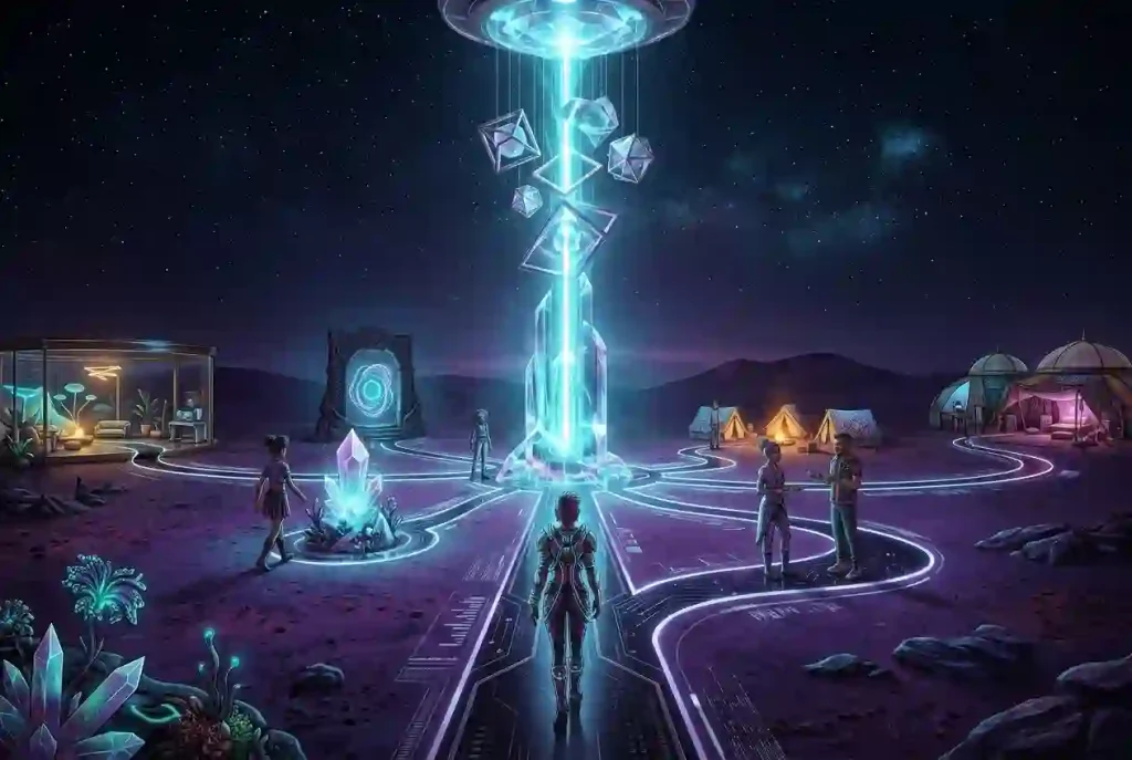 Concept illustration of digital avatars exploring a luminous virtual playa around an original vertical sculpture.
