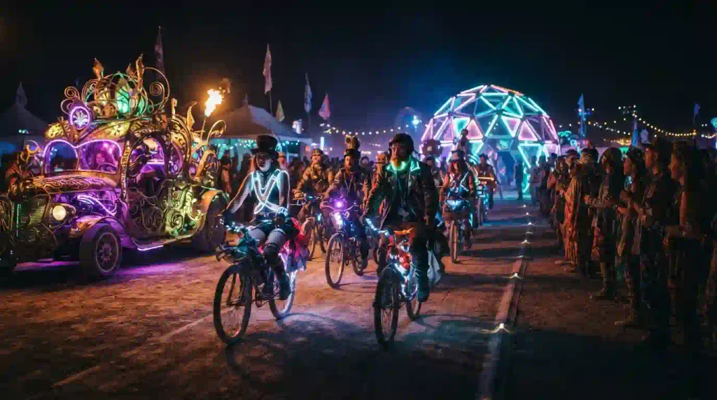 Illuminated bicycle riders pass a colorful mutant art vehicle at a local Burner gathering.