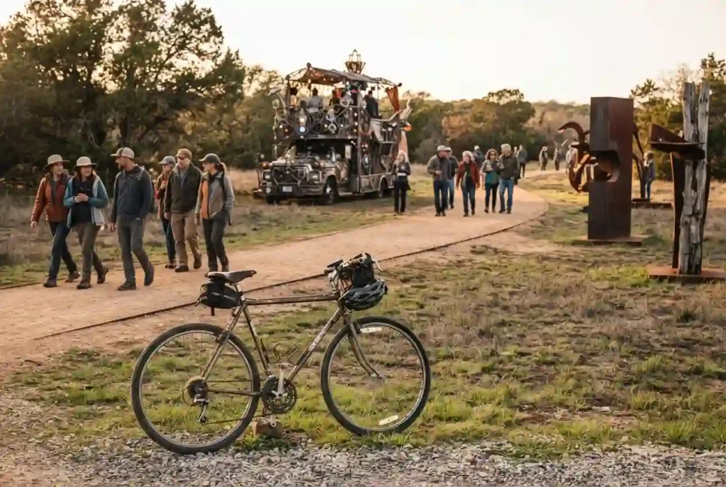 Illustrative outdoor arts gathering with a bicycle, decorative art vehicle and visitors walking between sculptures.