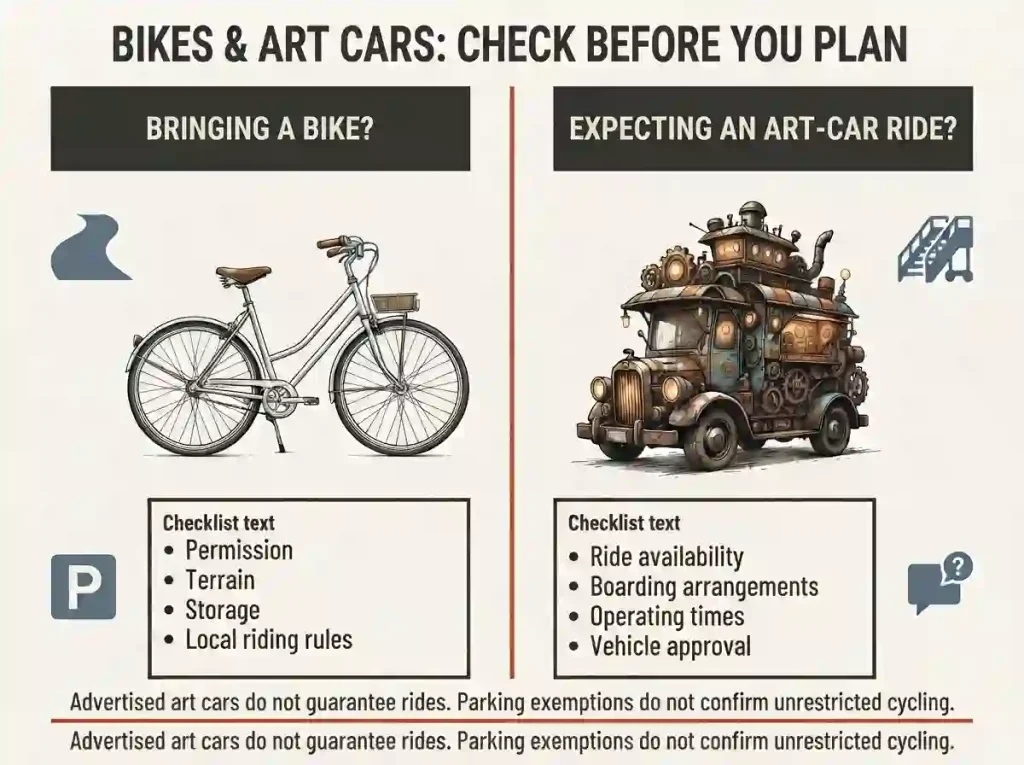 Bicycle and art-car planning checks covering permission, terrain, storage, ride availability and boarding.