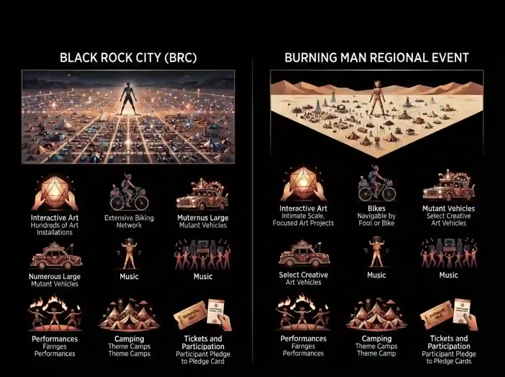 Comparison of Black Rock City and Burning Man Regional Events for art, bikes, camping and access.