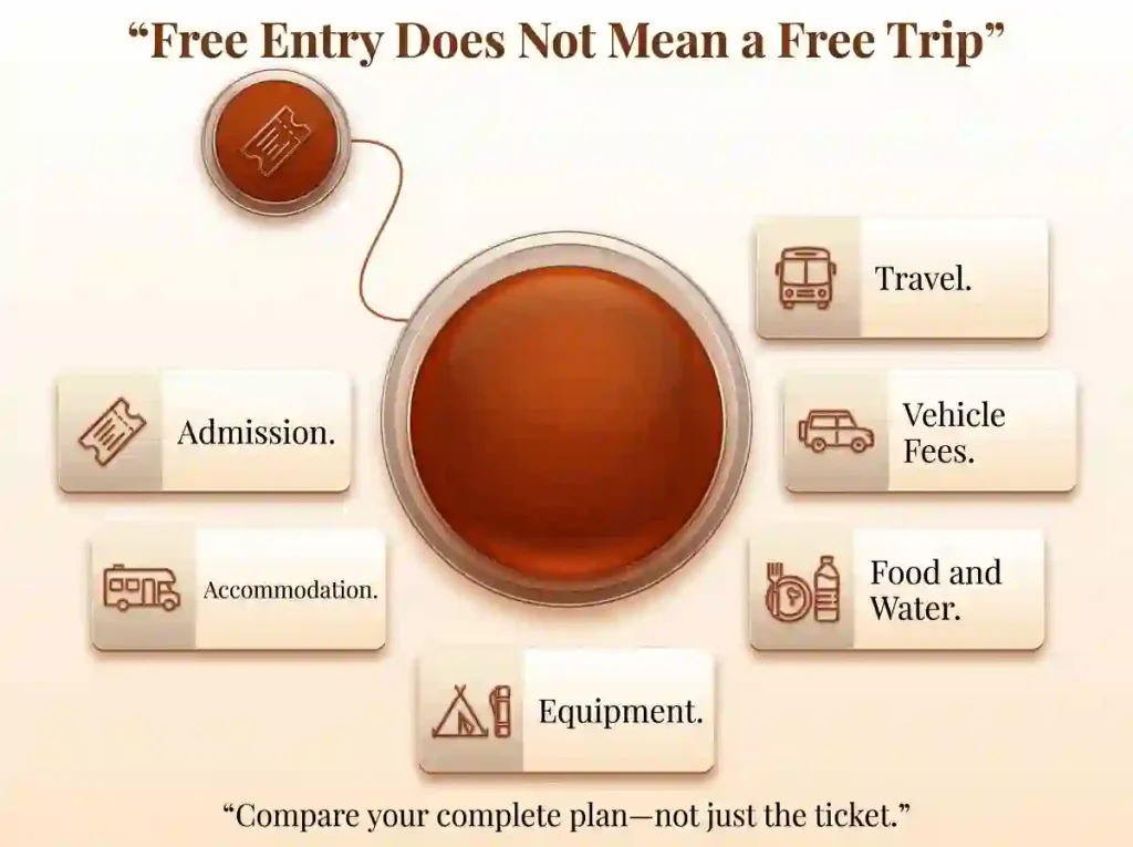 Budget diagram showing admission, travel, vehicle fees, food, equipment and accommodation as separate attendance costs.