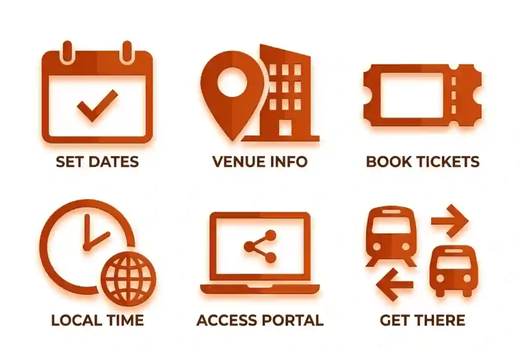 Six illustrated symbols representing dates, location, admission, time-zones, online access and transport planning.