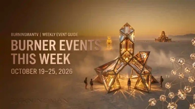 Illuminated desert art installation and temple-inspired sculpture representing Burner events for October 19–25, 2026. Copy