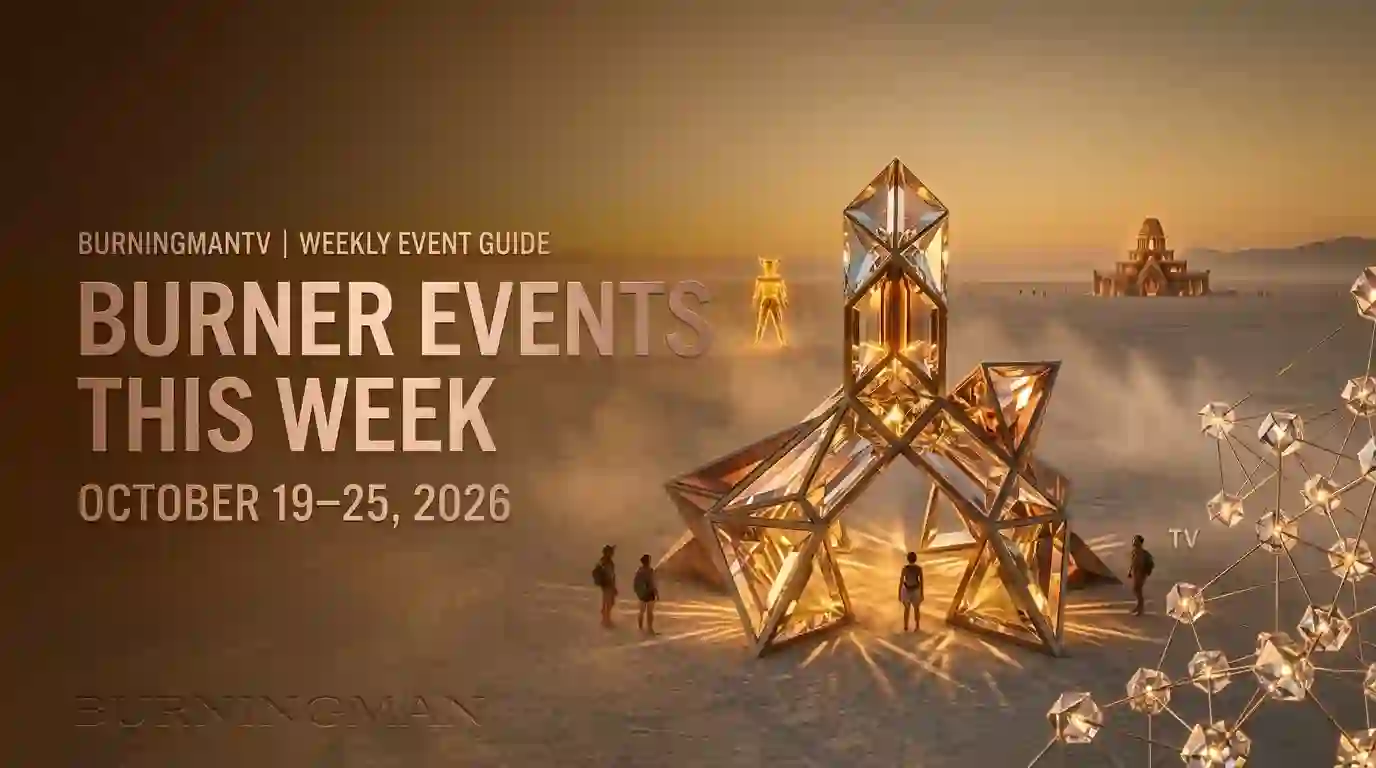 Illuminated desert art installation and temple-inspired sculpture representing Burner events for October 19–25, 2026. Copy