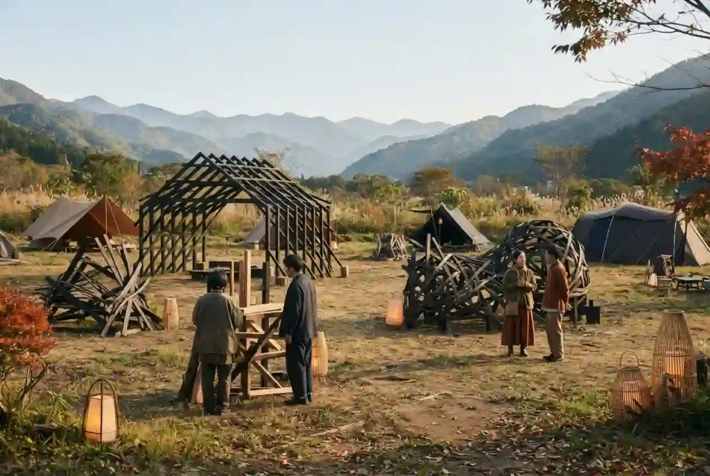 Illustrative Japanese mountain festival setting with wooden art, lantern-like lights and an outdoor campsite.