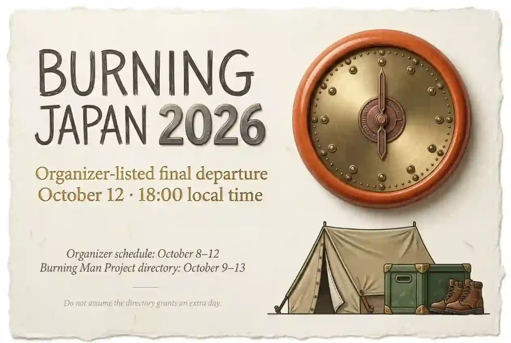 Information graphic comparing Burning Japan’s published October 12 departure deadline with a different event-date range in the directory.
