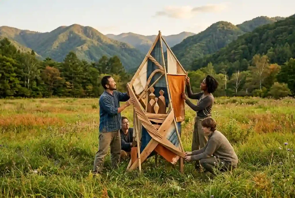 Mountain meadow and forested hills in rural Japan, representing the outdoor setting of a creative community gathering.