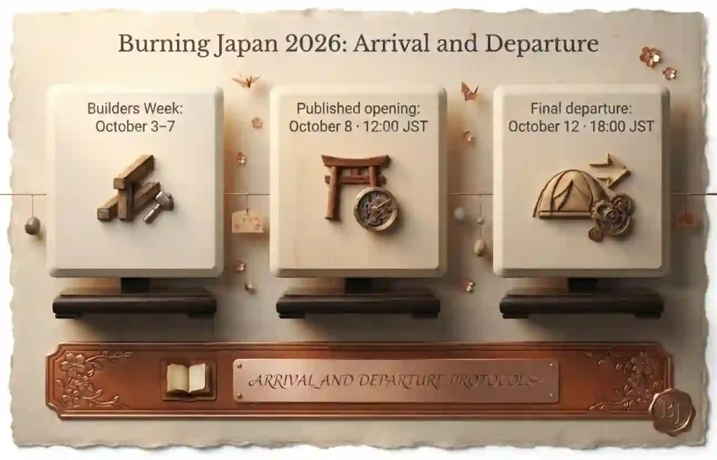Burning Japan timeline: Builders Week October 3–7, opening October 8 at noon, departure October 12 at 6 p.m.