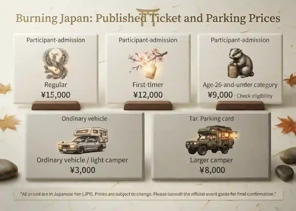 Published Burning Japan admission prices of ¥15,000, ¥12,000 and ¥9,000, plus separate vehicle parking charges.