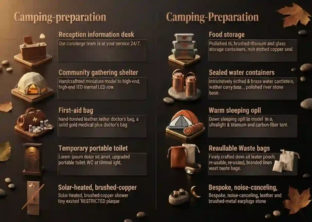 Camping graphic comparing Burning Japan’s listed facilities with food, water, lighting and equipment to prepare.
