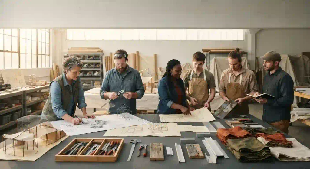 A collaborative artist team reviews sculpture models and technical sketches for a future Burning Man art installation
