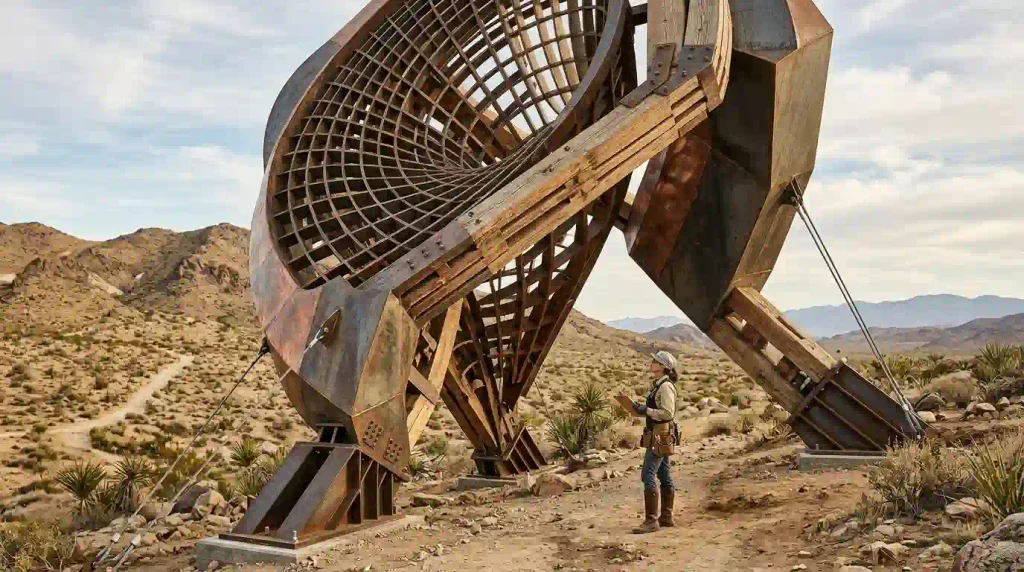 Illustrative large-scale outdoor sculpture with an artist examining its structure in an open desert landscape.