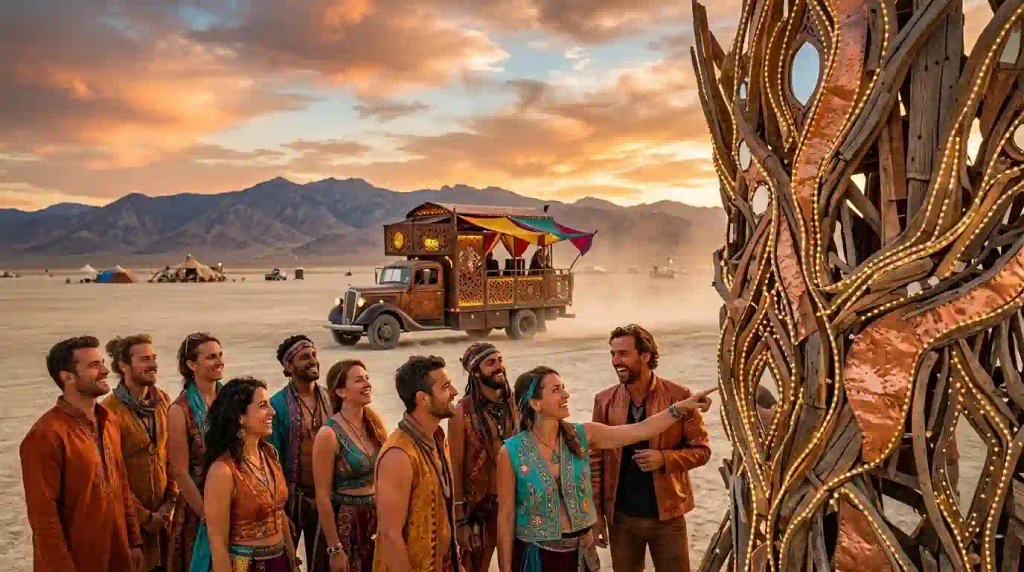 Diverse adults exploring a large outdoor art installation in a desert setting at golden hour, representing Burning Man upcoming community events.