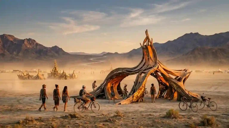 Burning Man-inspired desert art installation at sunset with participants exploring a regional arts gathering.