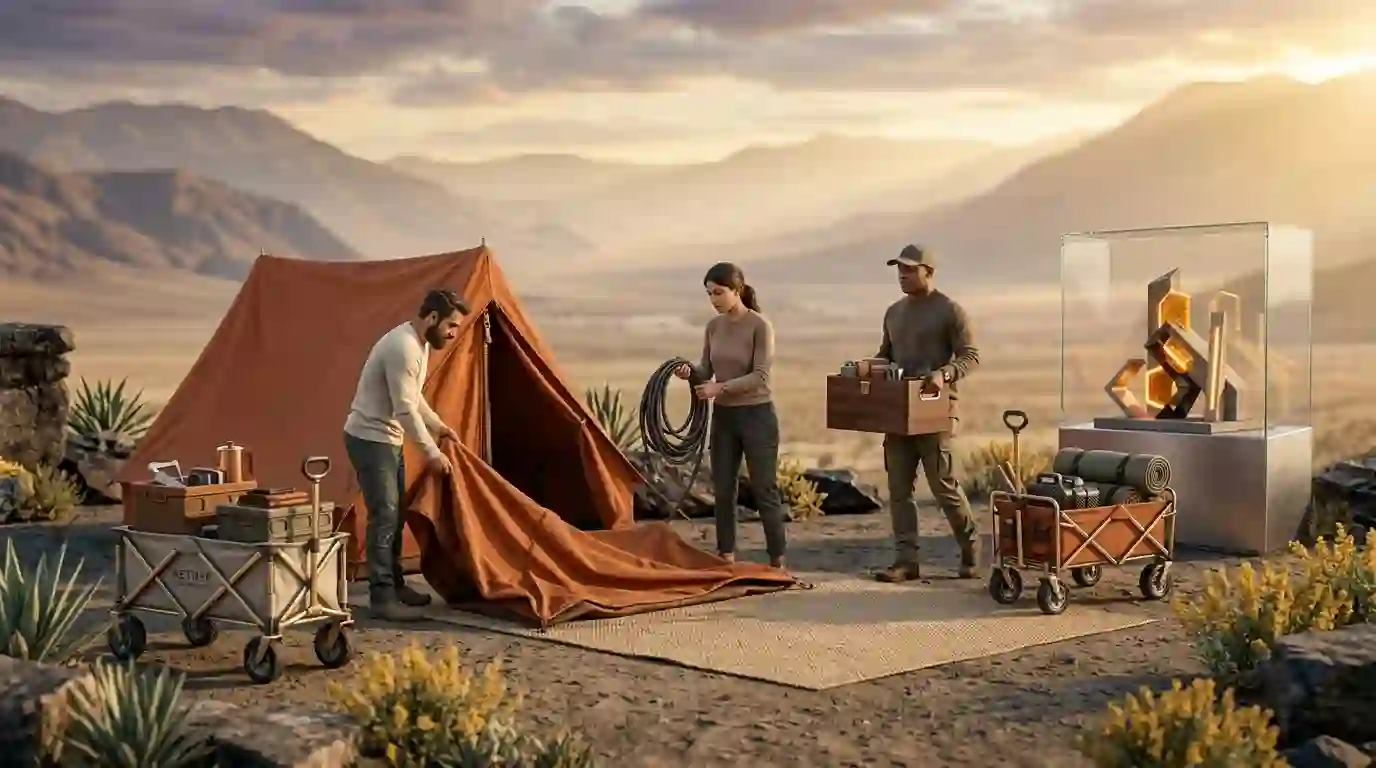 Editorial illustration of participants packing a temporary outdoor camp beside an abstract digital art installation.