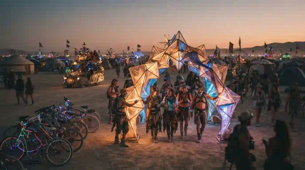 Participants explore illuminated interactive art and bicycles at a Burning Man Regional Event in October.