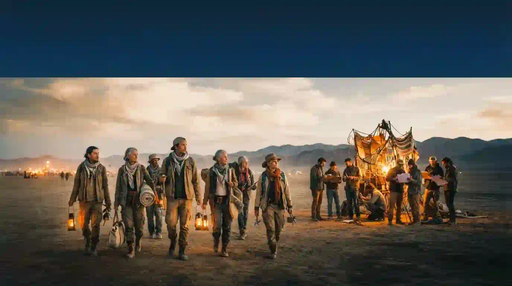 Burner community members move from a desert gathering toward new art projects and October regional events at sunset
