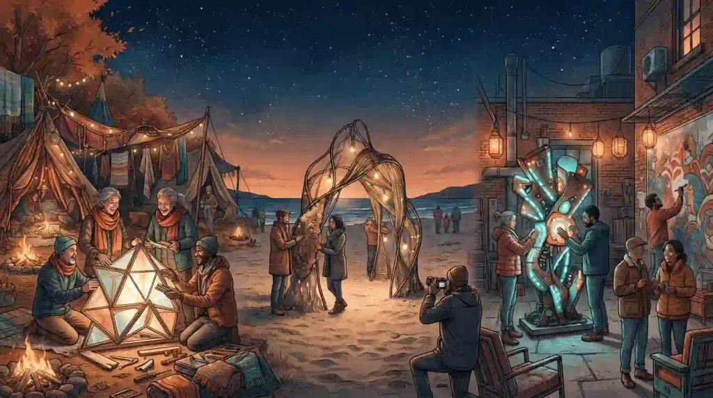 Editorial illustration combining a creative campsite, beach art gathering and illuminated city courtyard.