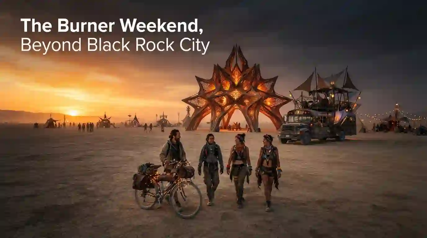 Editorial illustration of a desert art gathering at sunset with illuminated sculptures, bicycles and an art vehicle.