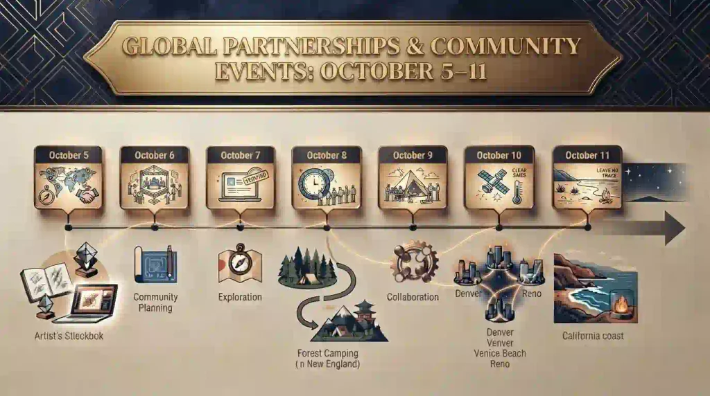 Timeline showing Honoraria planning, NECTR, Burning Japan, Denver DeCOmp, Venice Afterburn, Reno Decompression and MPYRE during October 5–11