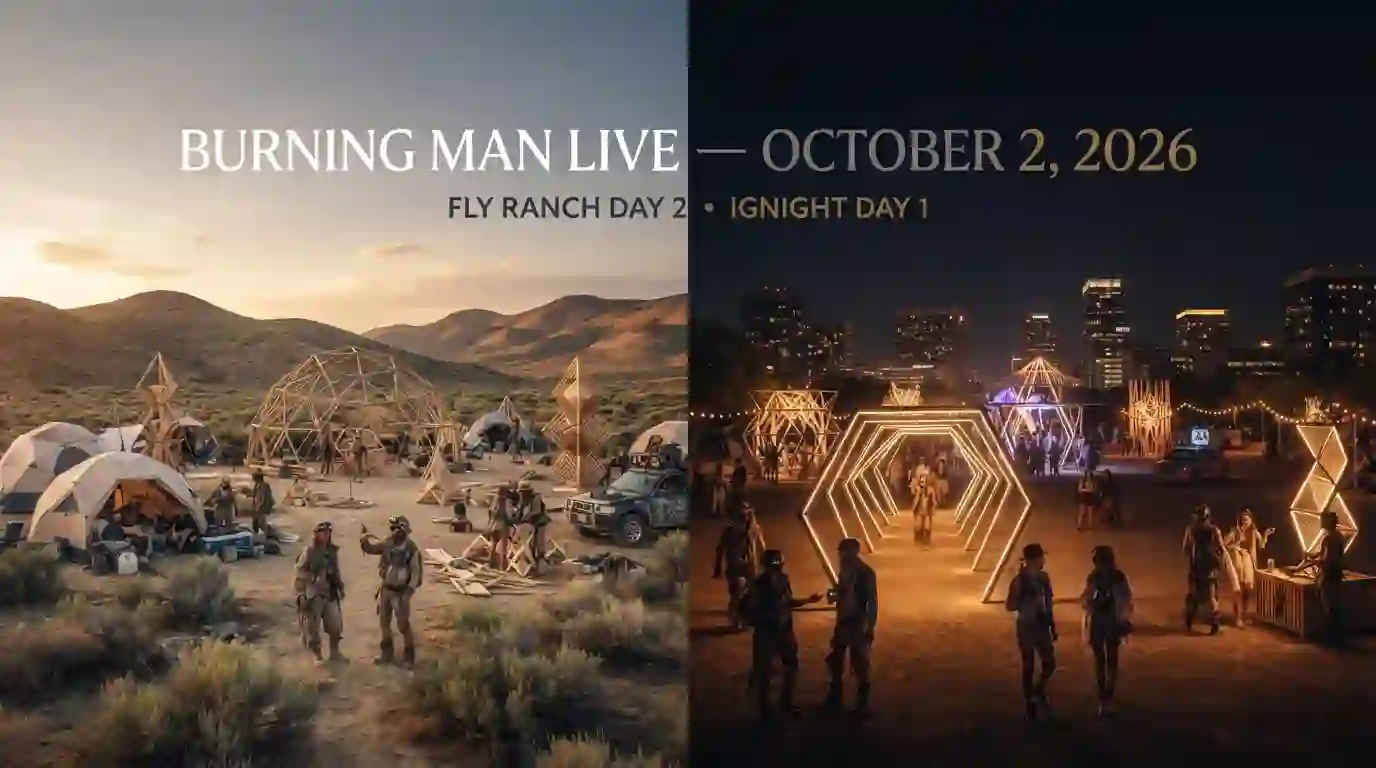 Burning Man events today October 2 2026 showing Fly Ranch Fall Harvest Party Day 2 and IGNiGHT in Phoenix
