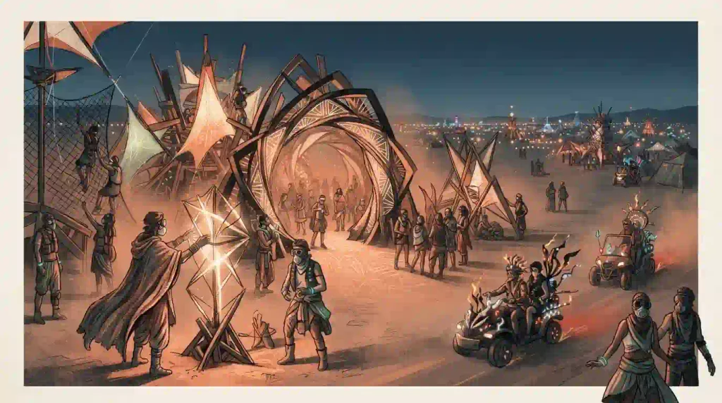 Editorial illustration linking Fly Ranch Day 2 in Nevada with IGNiGHT opening night in Phoenix.