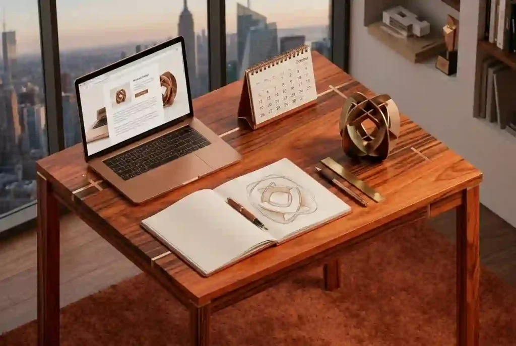 Conceptual illustration of a sculpture maquette, matching sketchbook drawings and a laptop arranged for art-proposal preparation.
