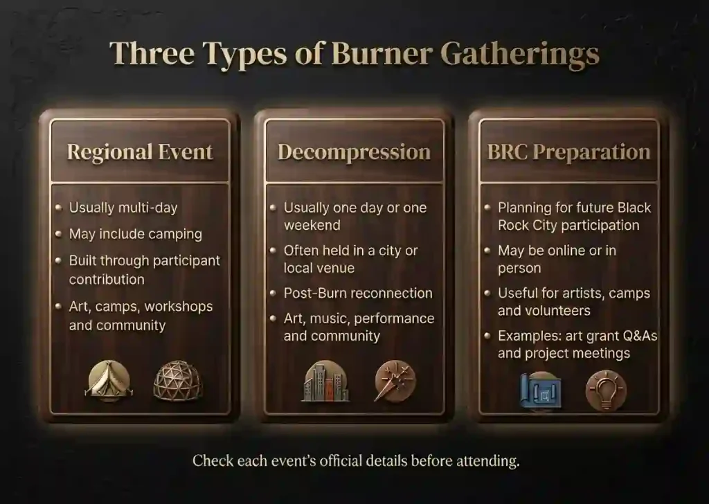 Comparison of Burning Man Regional Events, Decompressions and Black Rock City preparation sessions