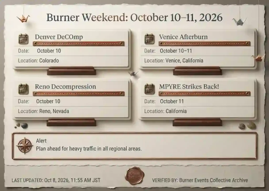 October 10–11 event board listing Denver, Venice, Reno and MPYRE, with a separate Idaho cancellation alert.